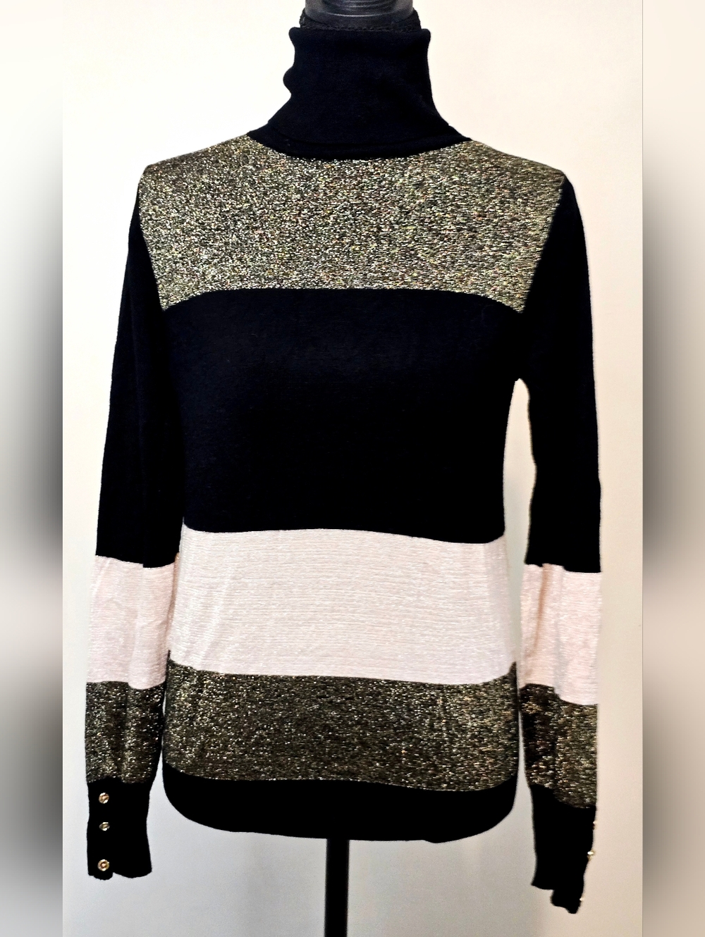 Ann Taylor Factory Metallic Stripe Turtleneck Sweater Black Gold Holiday Sparkle